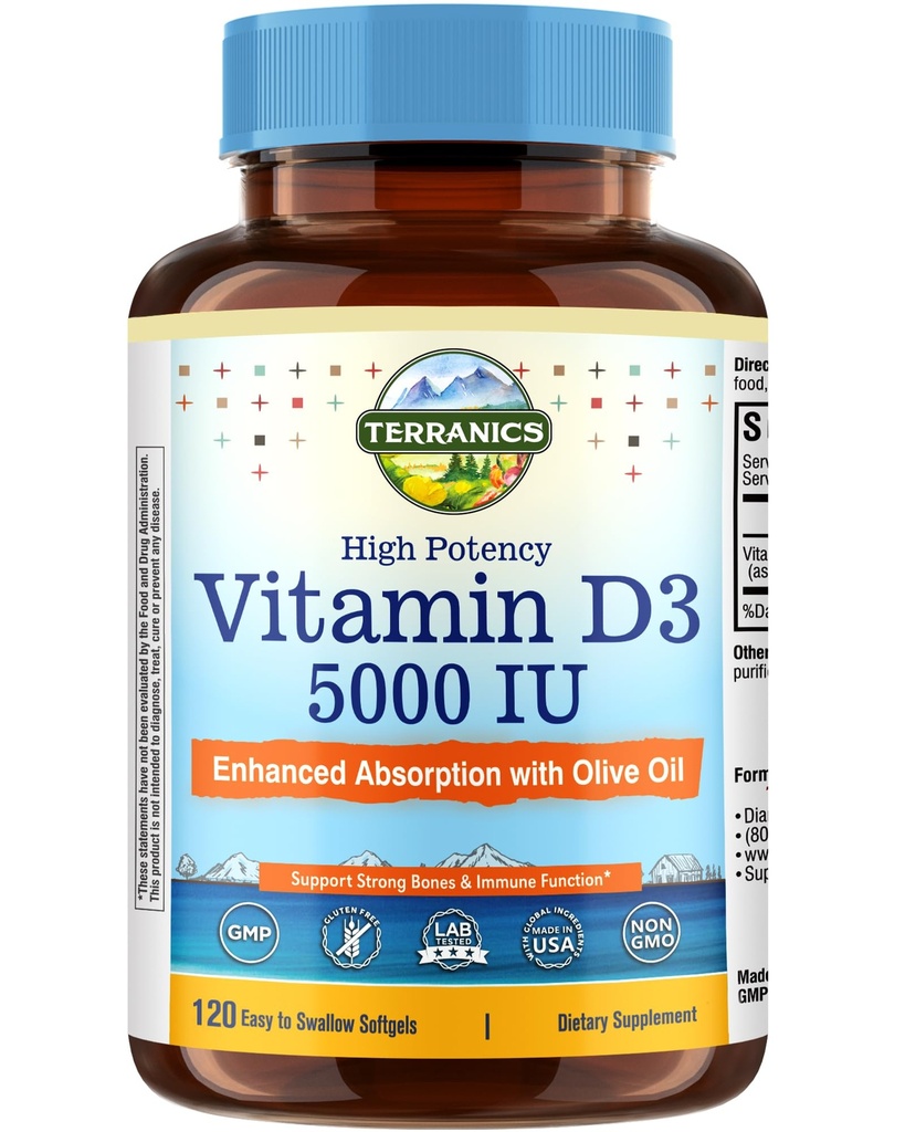 Terranics Vitamin D3 5000IU (125mcg), with Olive Oil, Enhanced Absorption, Non-GMO, No Gluten or Soy, Bone Health, Immune Support, 120 Mini Softgels