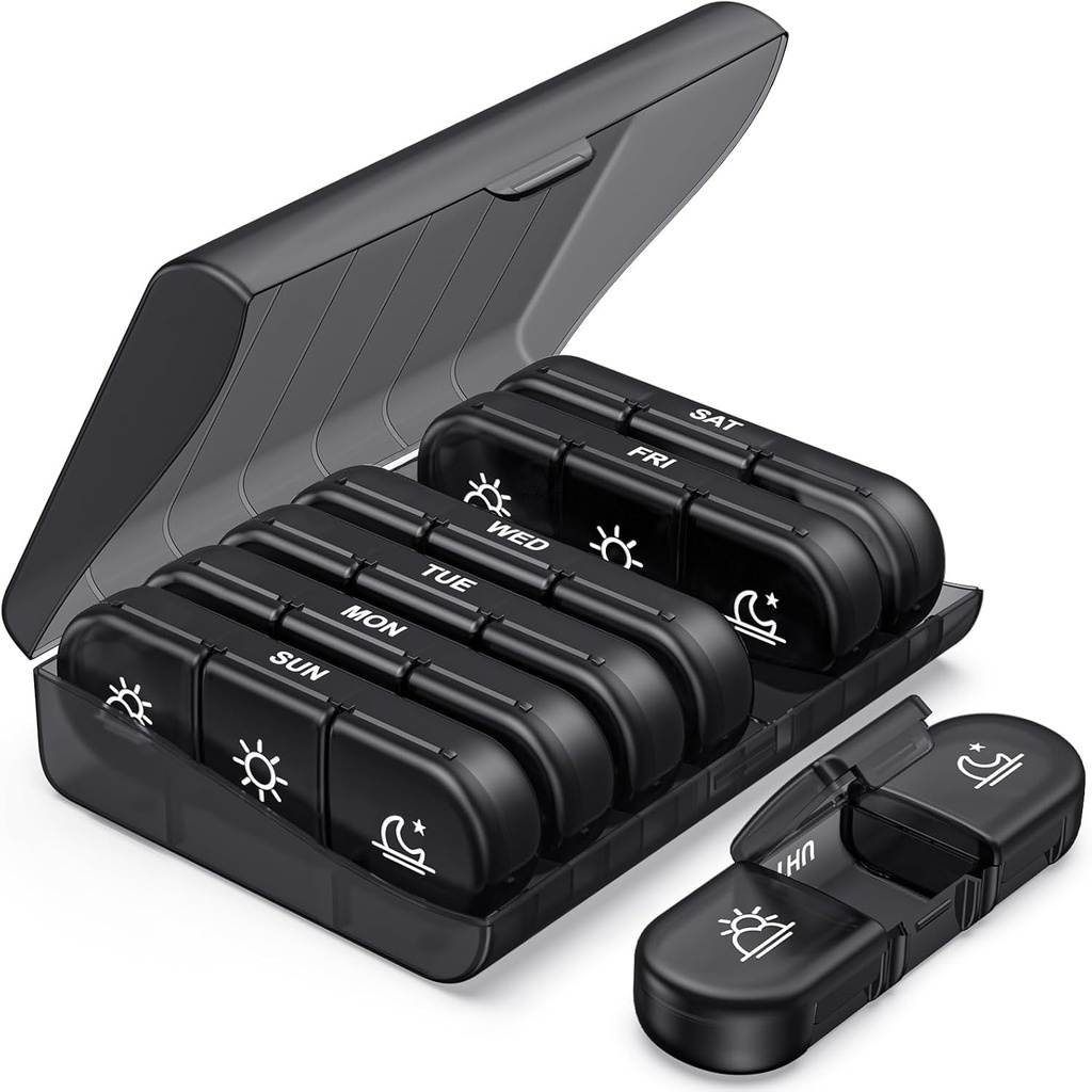 PULIV Weekly Pill Organizer 3 gange om dagen, Bærbar Travel Pill Box 7 dag med store piller beholdere, Light-Proof Pill sag for vitaminer, medicin, kosttilskud og fiskeolier (sort)