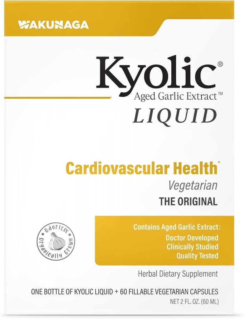 Kyolsk aged hvidløg Udtræk Flydende vegetarisk kardiovaskulær, 2 Ounce flaske Plus 60 Genopfyldelige kapsler (Packaging May Vary)
