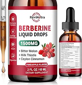 Berberine HCL Liquid Drops, 1500mg Berberine tillæg med Ceylon kanel, Bitter Melon, Milk Thistle for immun, fordøjelsessystem & hjerte sundhed, 2 Fl Oz, sukkerfri ananas flavor