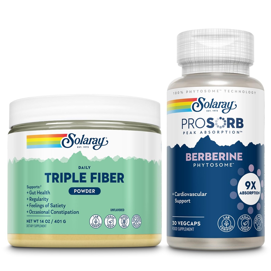 SOLARAY Triple Fiber Powder and ProSorb Berberine Phytosome - Unflavored Daily Fiber Supplement w/Prebiotics, Regularity and Gut Health Support - 9X Absorption Berberine Supplement, Vegan, 30 Serv Ea