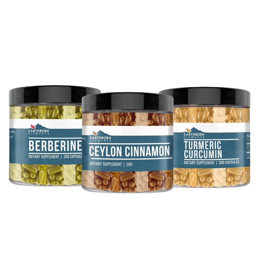 Earthborn Elements Berberine, Ceylon Cinnamon, & Turmeric Curcumin Bundle (200 Capsules Each), Pure & Undiluted, No Additives