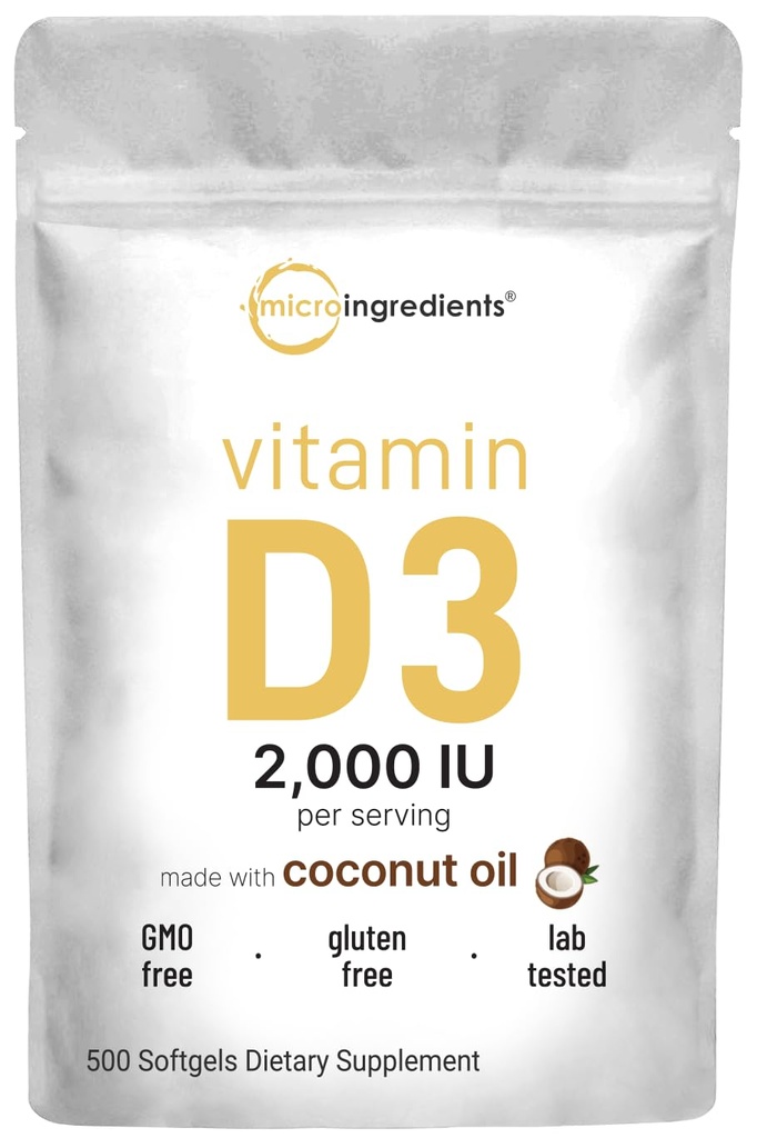 Micro Ingredients Vitamin D3 2,000 IU, 500 Softgels | Virgin Coconut Oil | Cholecalciferol Form | Bone, Immune & Heart Support | Easy to Swallow, Non-GMO