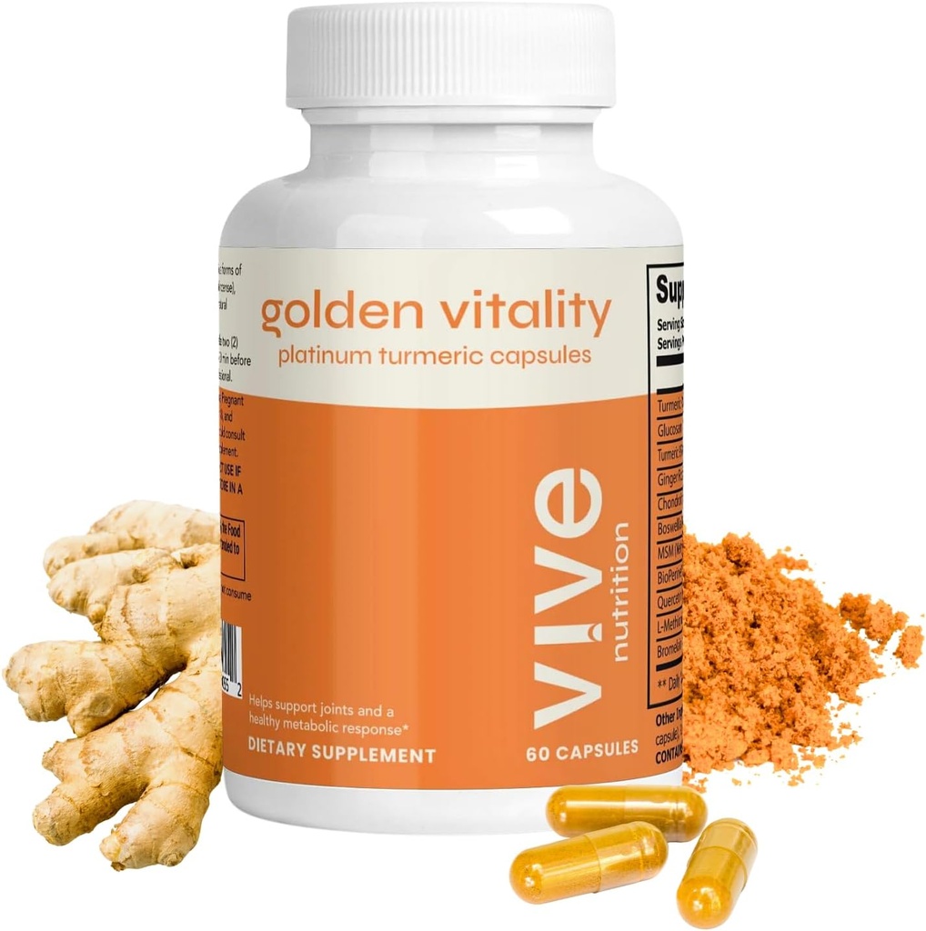 Golden Vitality Gurkemeje Curcumin Kapsler - Platinum Blend med 95% Curcuminoider, Glucosamin, Chondroitin, MSM & BioPerine - Fælles & Bone Support - 60 Greve, 30 dages forsyning