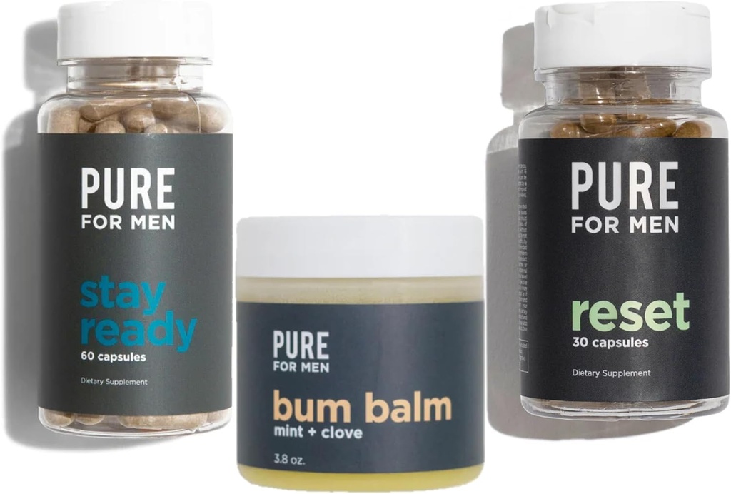 Rene for mænd Stay Ready Fiber (120 Greve), Bum Balm & Nulstil (30 Greve) Bundle
