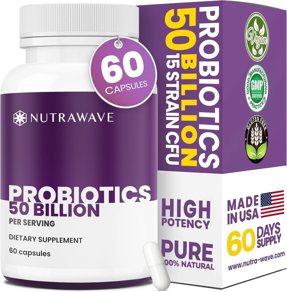 Nutra Wave 50 Billion Probiotics & Prebiotics for Women & Men– 15 Strains Active Culture – Supports Bloating, Constipation, Digestive & Gut Health – Non-GMO, Shelf-Stable 60 Vegan Capsules