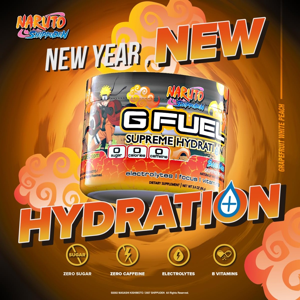 G Fuel Naruto Sage Supreme Hydration, Electrolyte Powder Mix for Energy & Focus, Sukker & Koffein Free Supplement med essentielle vitaminer & mineraler, Grapefrugt WhitePeach Flavor, 3.3 oz - 30 Servere