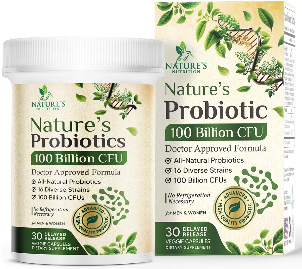 Probiotics 100 Billion CFU Per Serving - 16 Premium Strains + Prebiotics - Probiotic Supplement for Adults - Supports Immune & Digestive Health & Occasional Constipation, USA Bottled - 30 Capsules
