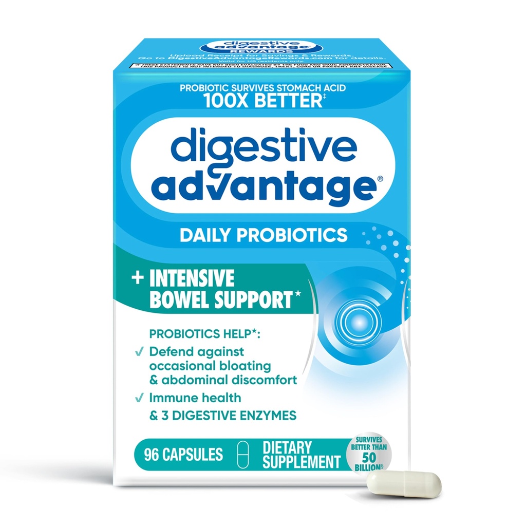 Digestive Advantage Daily Probiotic Capsules for Digestive Health & Gut Health, Probiotics for Men and Women (96 Count Box) - Digestible Enzymes