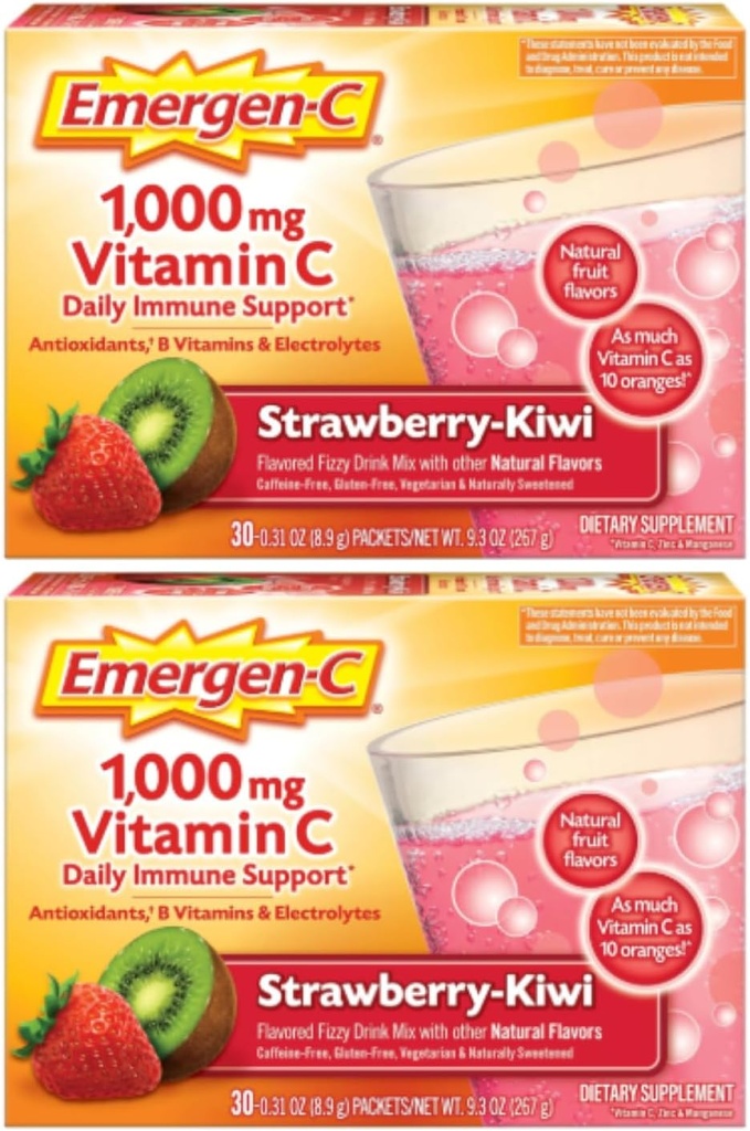 Emergen- C 1000mg C-vitamin Pulver, Jordbær Kiwi Flavor, Antioxidanter, B Vitamin og Elektrolytter, C-vitamin Kosttilskud til immunforsvar, 30 Greve (pakke med 2)