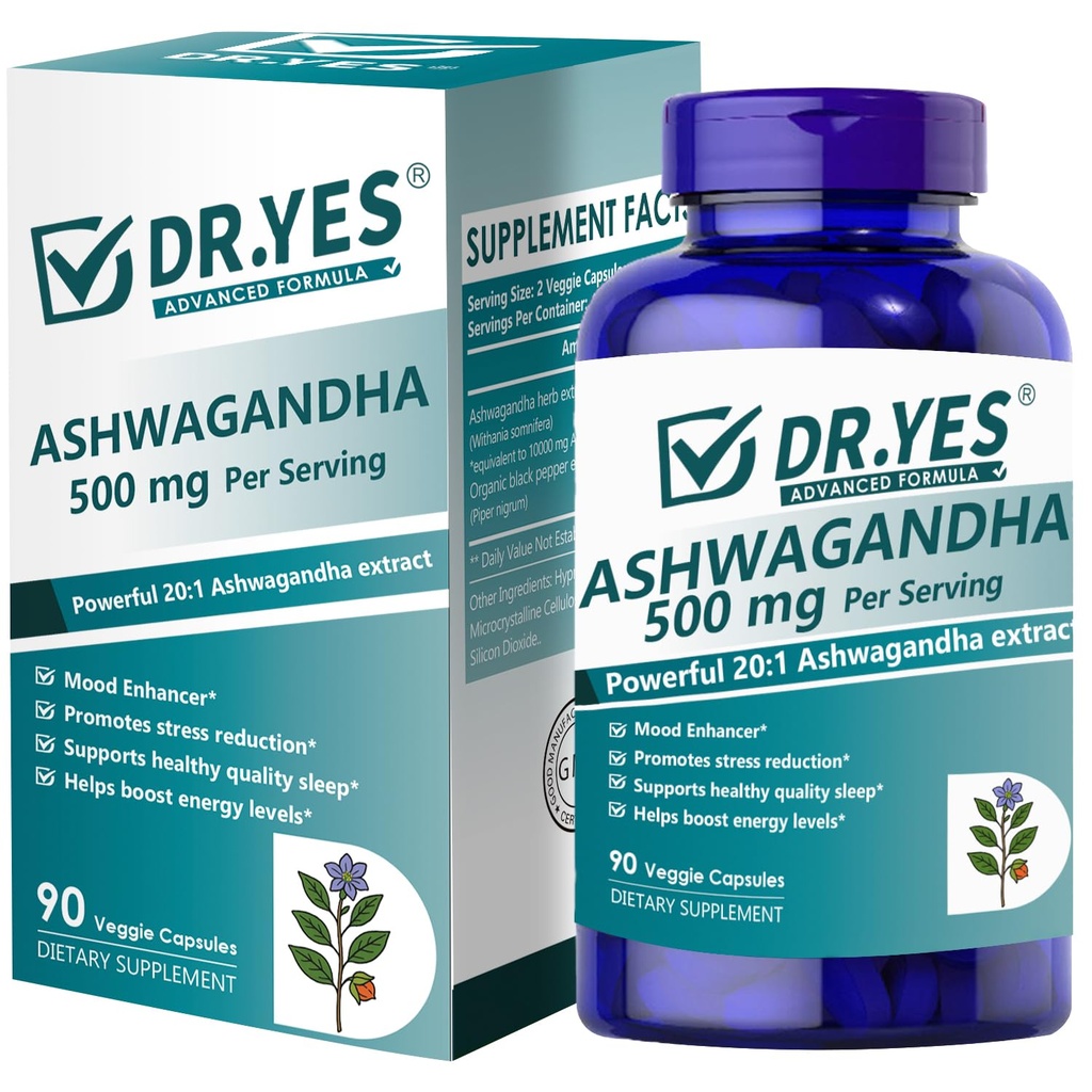 DR.YES Ashwagandha Capsules 500mg with Organic Black Pepper for Maximum Absorption, Stress Relief, Memory, Focus, Mood & Sleep, Non-GMO, Vegan, 90 Capsules