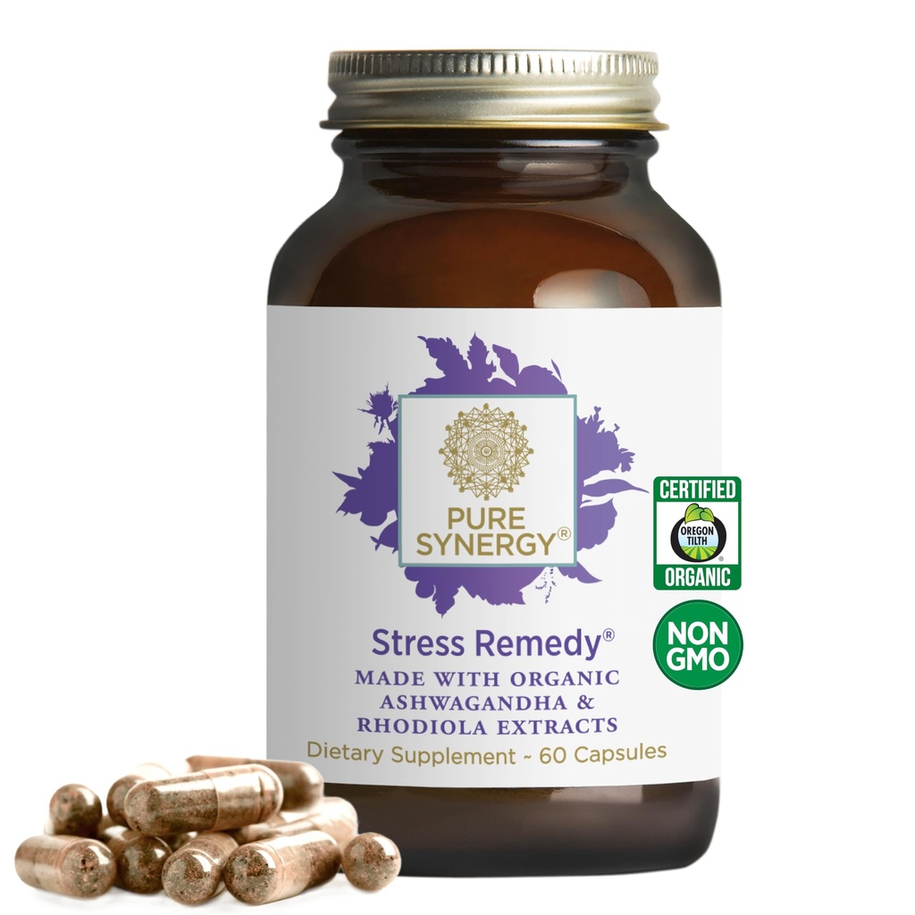 PURE SYNERGY Stress Remedy | Soothing Supplement with Ashwagandha | Organic Adaptogen Support from Rhodiola, Lemon Balm, and Holy Basil | for Stress Relief, Adrenal Health, and Mood (60 Capsules)