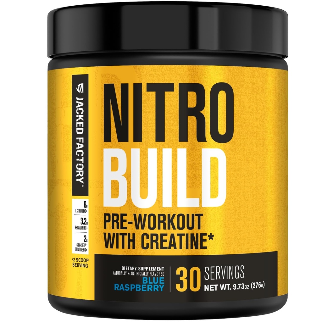 Jacked Factory Nitrosurge Build Pre Workout with Creatine for Muscle Building - Con Cret Creatine Powder & elevATP for Intense Energy, Powerful Pump, & Endless Endurance - 30 Servings, Blue Raspberry