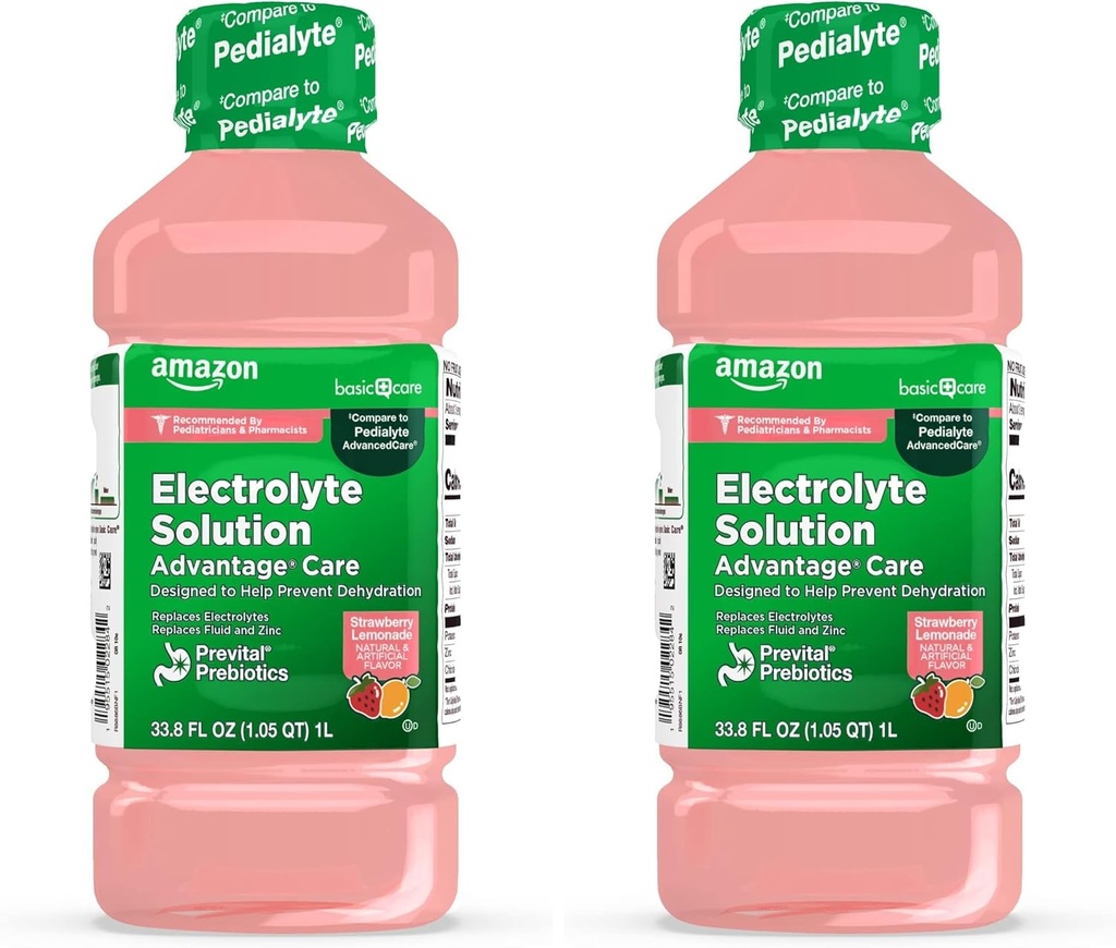 Basic Care Advantage Care Electrolyte Solution med Prevital Prebiotics, Strawberry Lemonade, Hydration Drink, Replenish Electrolytes, Fluid & Zink, 33.8 Fl Oz (pakke med 2)