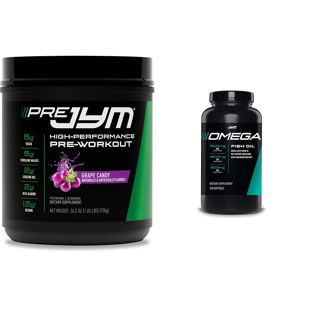 Pre JYM Grape Candy Pre Workout Powder and Omega JYM Fish Oil 2800mg Soft Gels - 120 Count