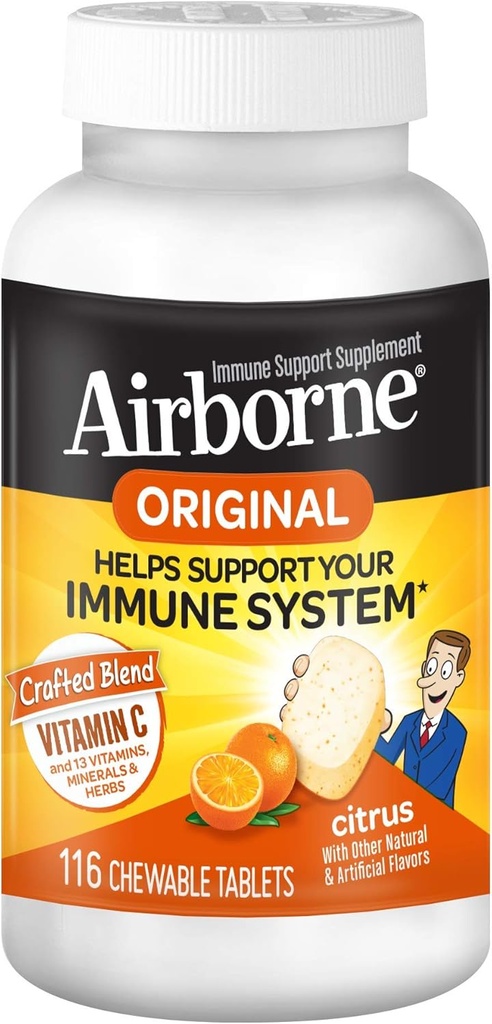 Airborne 1000mg C-vitamin + Zink immunforsvar Support tyggetabletter, Citrus flavor med kraftige antioxidanter Vitaminer A C & E, 116 tyggetabletter (3 Pack)