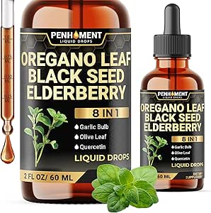 8in1 2900mg olie af oregano dråber med sort frø olie flydende produkt 124; Indeholder carvacrol var 124; hvidløg, Elderberry, Olive Leaf, Quercetin, bromelain - 2 Fl Oz