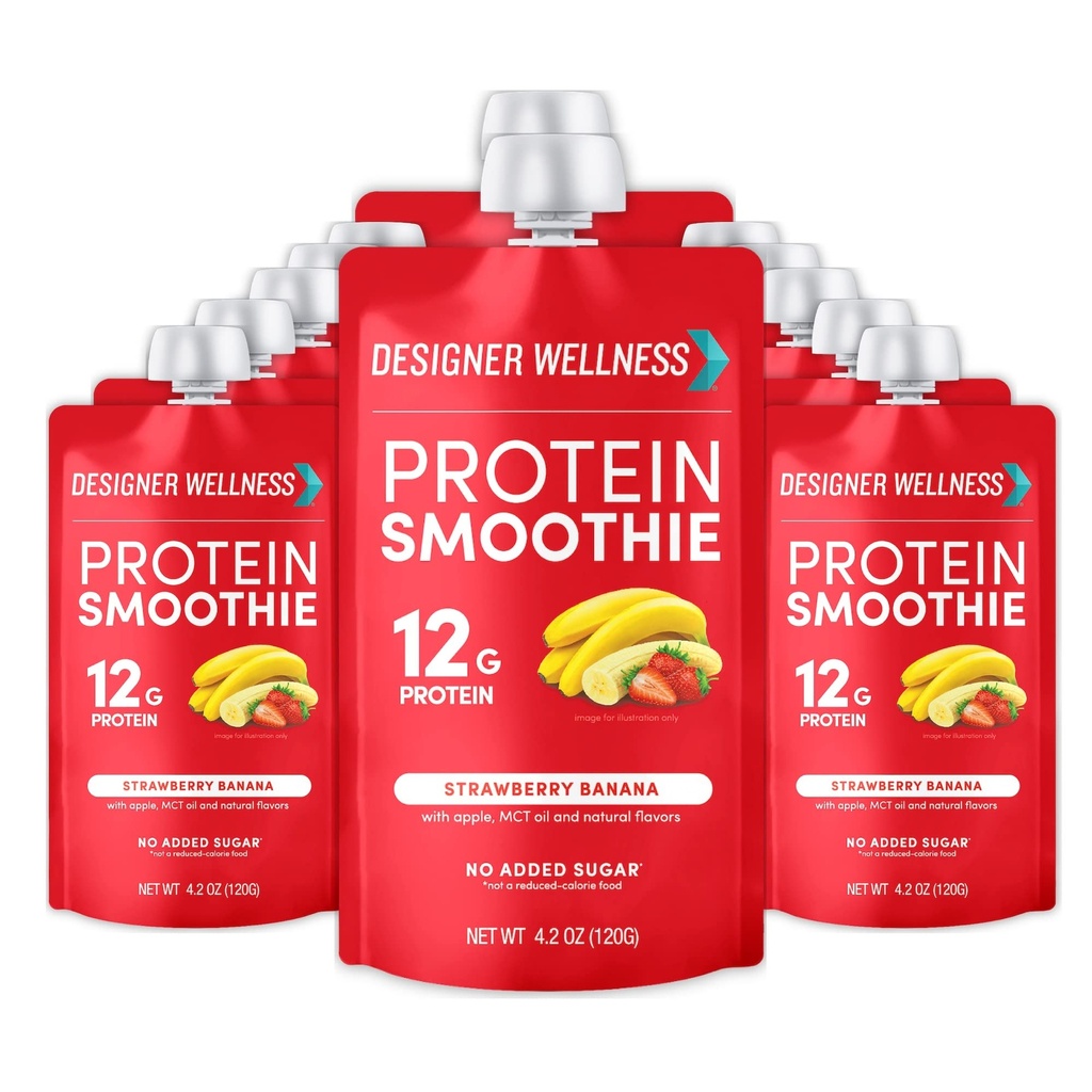 Designer Wellness Protein Smoothie, Real Fruit, 12g Protein, Low Carb, Zero Added Sugar, Gluten- Free, Non- GMO, Ingen kunstige farver eller flavors, Strawberry Banana, 12 Greve
