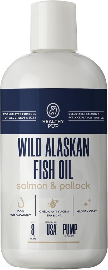 Wild Alaska Salmon Oil til hunde med Pollock - 8 oz Pollock og Salmon Oil, Omega 3, EPA, og DHA - Hunde Hud og Coat Supplement - Made in USA
