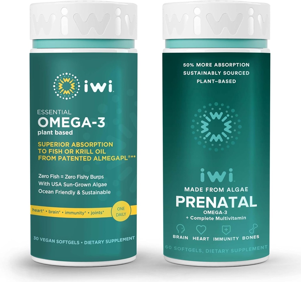 Iwi Omega-3 Essential & Prenatal Multivitamin Bundle, 30 Servering, Vegan Plant-baseret Alger Omega 3, Krill & Fish Oil Alternativ, Ingen Fishy Eftersmag
