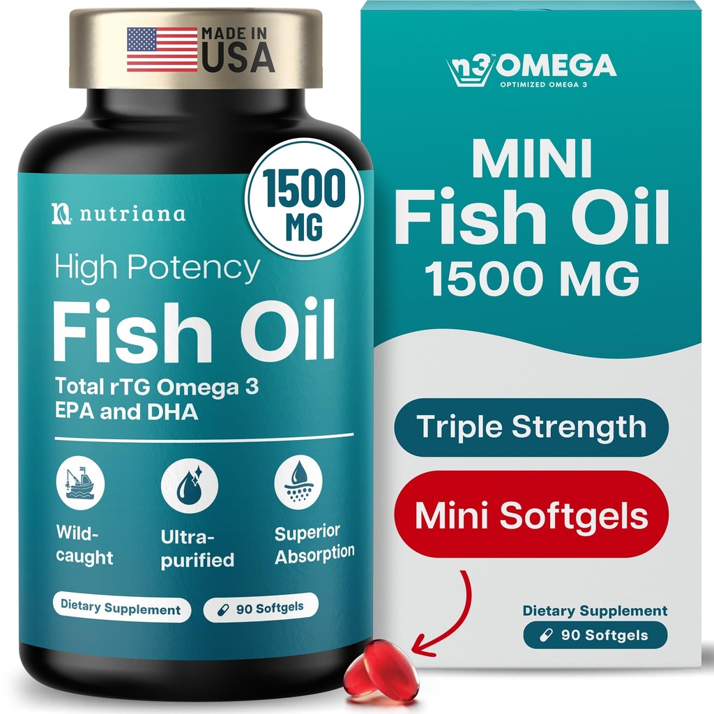 Mini Fish Oil Softgels – Triple Strength – Advanced Formula - 1500mg Omega 3 with EPA & DHA – Smaller Than a Dime – Fish Oil Minis - Wild Caught – 90 Softgels
