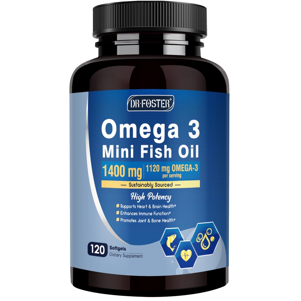 Omega-3 Fish Oil Mini Softgels, 1120mg Omega 3 with DHA + EPA – Burpless, Easy-to-Swallow – Supports Heart, Brain & Eye Health – with Vitamin D3 & E – Wild-Caught, Non-GMO – 120 Softgels