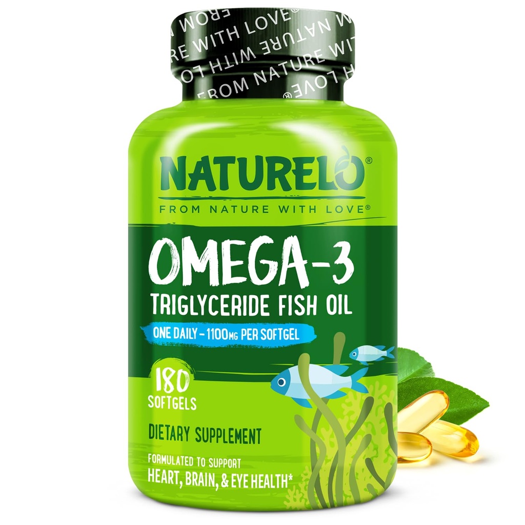 NATURELO Burpless Omega 3 Fish Oil Supplement - 1100mg Triglyceride Omega-3, EPA + DHA, for Heart, Eye, Brain, Joint Health - 180 Softgels, 6 Months Supply