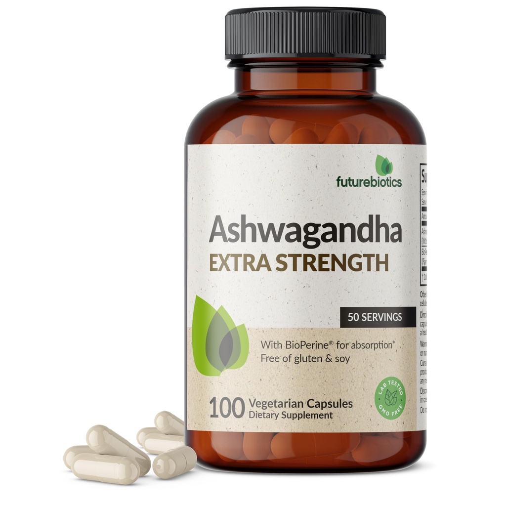 Futurebiotika Ashwagandha ekstra styrke Stress & Mood Support med BioPerine - Ikke GMO formel, 100 vegetariske kapsler