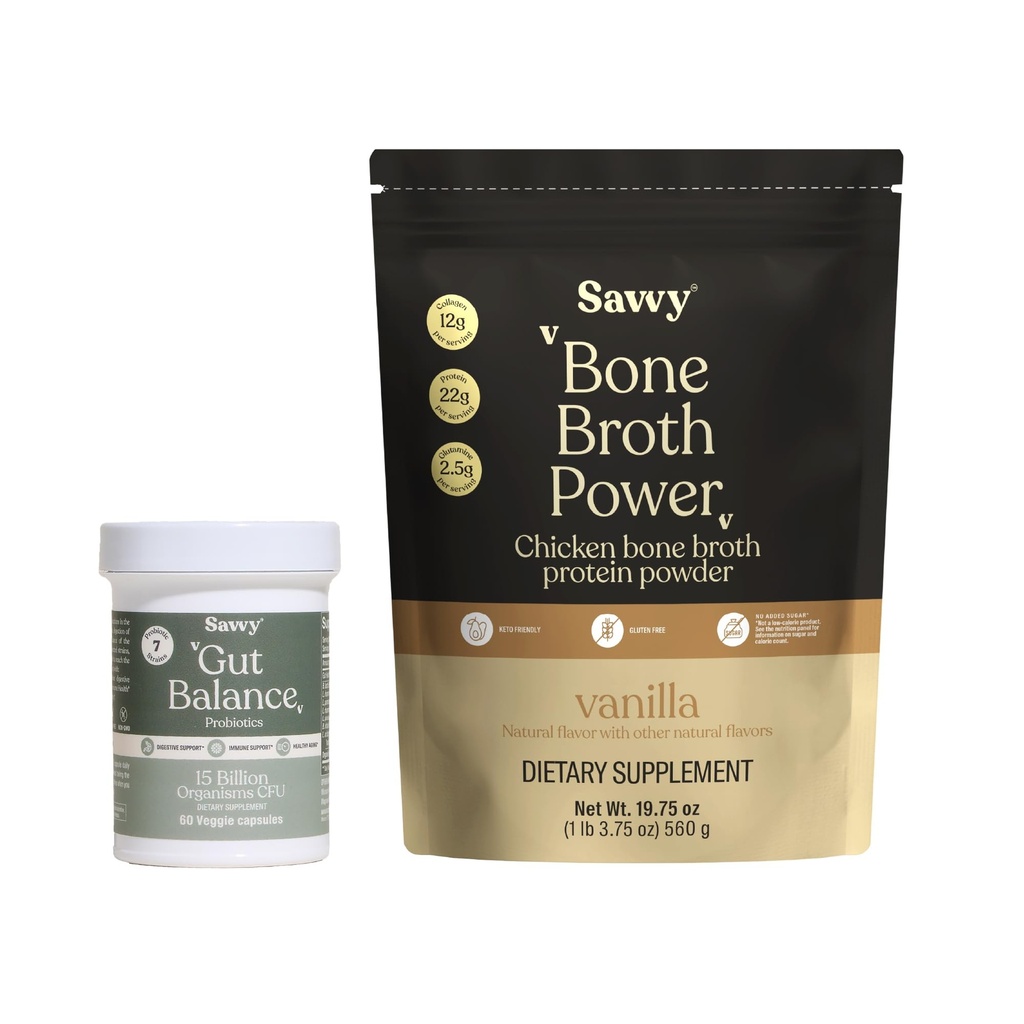 SAVVY Bone Broth Power Vanilla Protein Powder, 22g Protein, 12g Collagen & Gut Balance Probiotics for Women & Men, 15 Billion CFU, 7 Clinically Studied Strains, Digestive Health, Immune Support