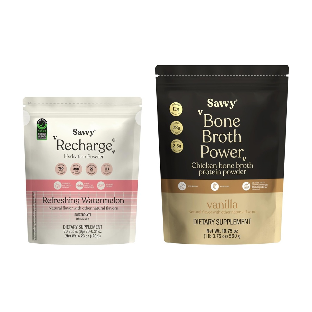 SAVVY Bone Broth Power Vanilla Protein Powder, 22g Protein, 12g Collagen & Recharge Electrolyte Powder, Sugar Free Hydration Drink with Sodium, Magnesium, Potassium, Glycine, Watermelon Flavor