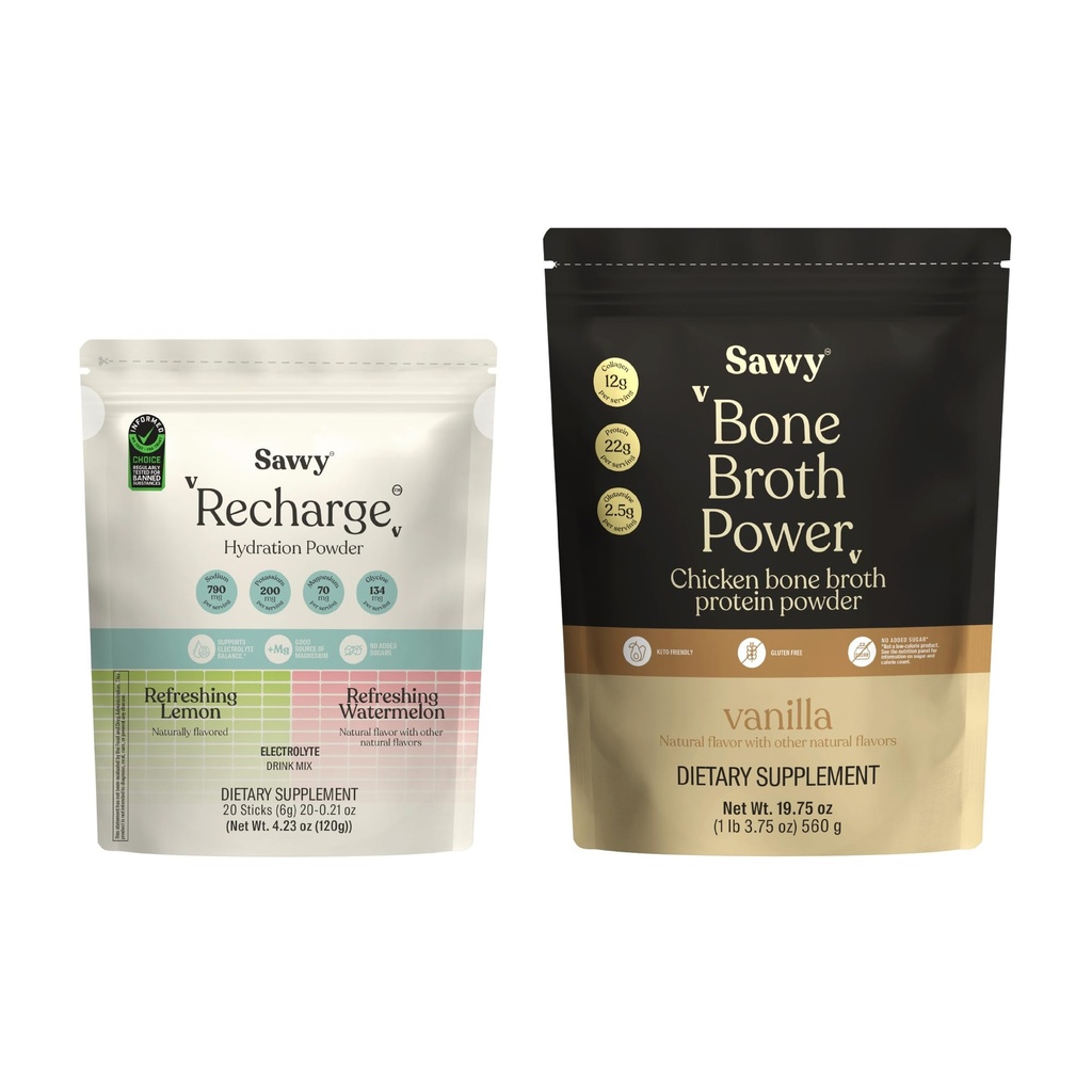 SAVVY Bone Broth Power Vanilla Protein Powder, 22g Protein, 12g Collagen & Recharge Electrolyte Powder, Sugar Free Hydration Drink, Sodium, Magnesium, Potassium (Variety (Lemon + Watermelon))