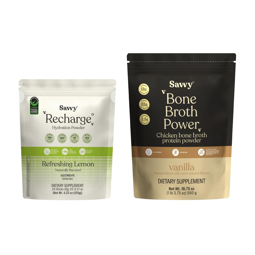 SAVVY Bone Broth Power Vanilla Protein Powder, 22g Protein, 12g Collagen & Recharge Electrolyte Powder, Sugar Free Conscious Hydration Drink with Sodium, Magnesium, Potassium, Glycine, Lemon Flavor