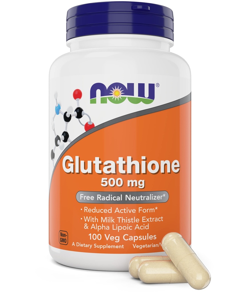 Now Glutathione 500 mg, 100 Vegan Capsules - Reduced Form GSH Supplement - Enhanced with Milk Thistle Extract and Alpha Lipoic Acid