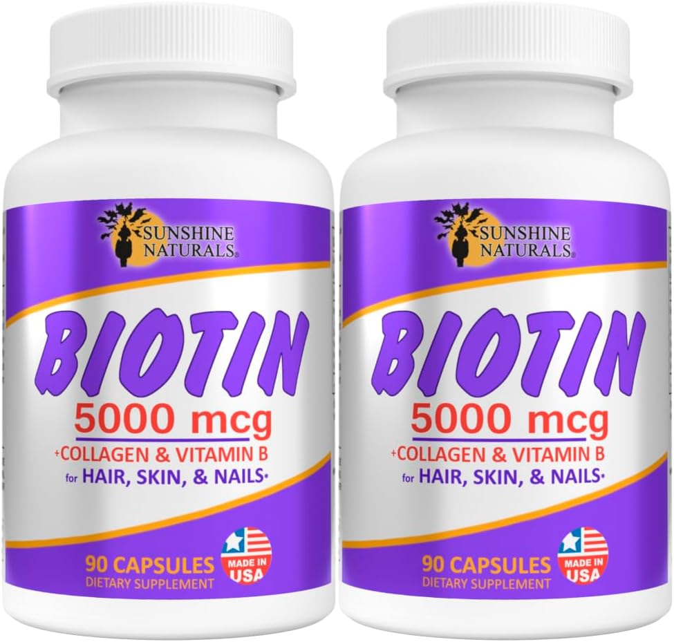 Solskin Naturals Biotin Kosttilskud. Collagen, vitamin A, B for hårtab, skønhed, celle fornyelse, skalp sundhed. 5000 mcg. 90 kapsler. Pakning med 2