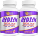 Solskin Naturals Biotin Kosttilskud. Collagen, vitamin A, B for hårtab, skønhed, celle fornyelse, skalp sundhed. 5000 mcg. 90 kapsler. Pakning med 2