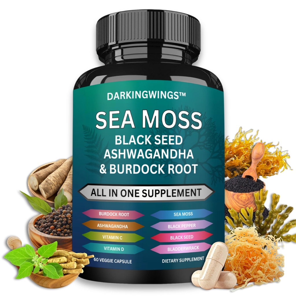 Sea Moss Advanced - Sea Moss 3000mg Black Seed Oil 2000mg Ashwagandha 1000MG Bladderwrack 1000mg Burdock 1000mg & vitamin C Vitamin D3 For hud hår kosttilskud