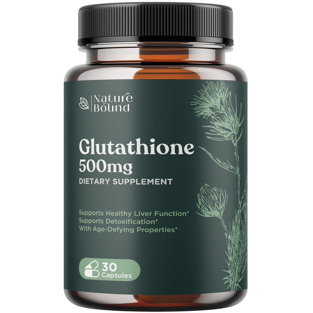 Pure Glutathione Supplement 500 mg GSH - Pure Skin Whitening Pills Natural Antioxidant with Milk Thistle Extract Silymarin Liver Health Alpha Lipoic Acid Amino - 30 Veg Capsules by Nature Bound