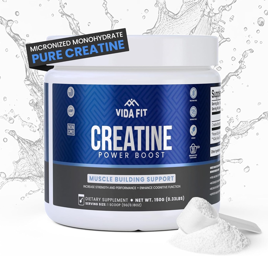 Mikroniseret Creatin monohydrat pulver, Vegansk Creatin pulver Uaromatiseret, Kosttilskud til mænd, Pure Workout Essentials for Women, NSF Certified (150g) (5g Per Serv) (30 Servering) - Vida Fit