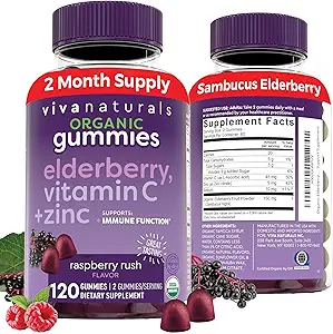 Viva Naturals Organic Sambucus Elderberry Gummies for voksne (120 Greve) - 3in1 Black Elderberry Vitamin C og Zink immunforsvar Gummies, Chewable Elderberry Kosttilskud, Zink Immunity Gummies