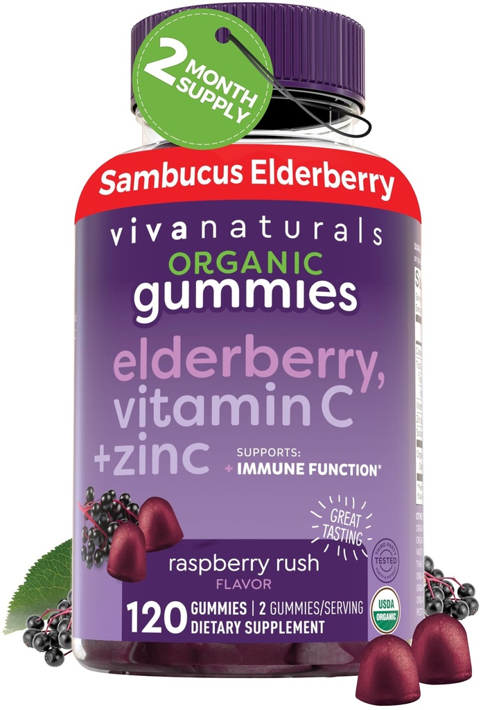 Viva Naturals Organic Sambucus Elderberry Gummies for voksne (120 Greve) - 3in1 Black Elderberry Vitamin C og Zink immunforsvar Gummies, Chewable Elderberry Kosttilskud, Zink Immunity Gummies