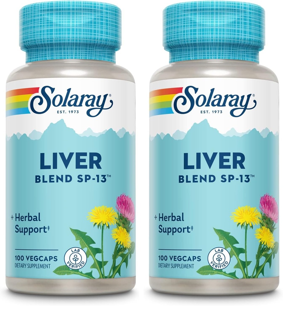 SOLARAY Liver Blend SP-13 - Traditional Herbal Support with Milk Thistle Extract, Dandelion Root, Burdock, Kelp, Peppermint and Trace Minerals - 60-Day Guarantee, 100 Servings, 100 VegCaps (Pack of 2)
