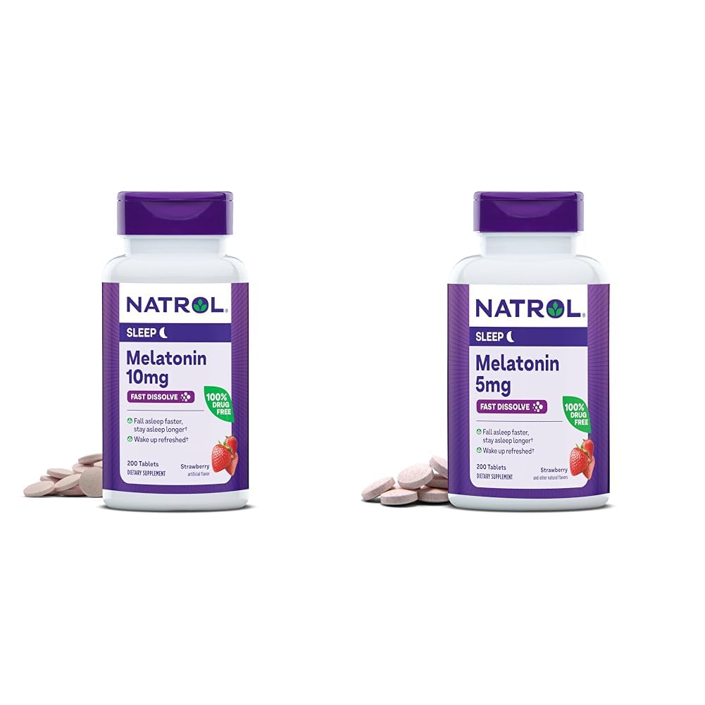Natrol Melatonin 10mg 200 tabletter & 5mg 200 tabletter Strawberry- Flavored Fast- Opløs søvnstøtte Kosttilskud Bundle
