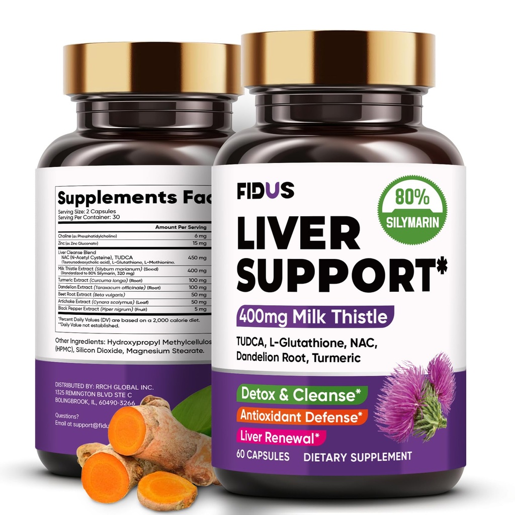 Fidus Liver Cleanse Detox & Repair Capsules - 400mg Dose Milk Thistle (80% Silymarin) for Your Liver & Digestive Support with NAC, Turmeric, Dandelion & TUDCA - USA Made