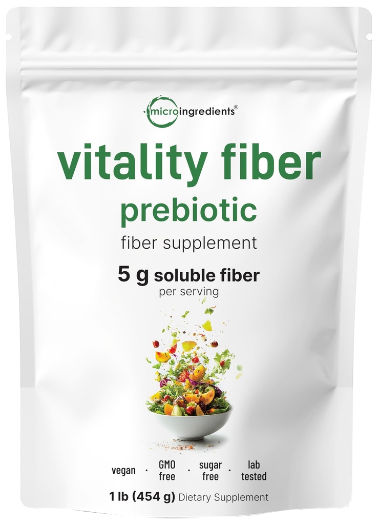 Micro Ingredients Vitality Prebiotic Fiber Powder, 1lb | Easy Mix Powder for Digestive & Gut Health | Daily Prebiotic Soluble Fiber Supplement for Women and Men | Unflavored, Sugar Free & Vegan