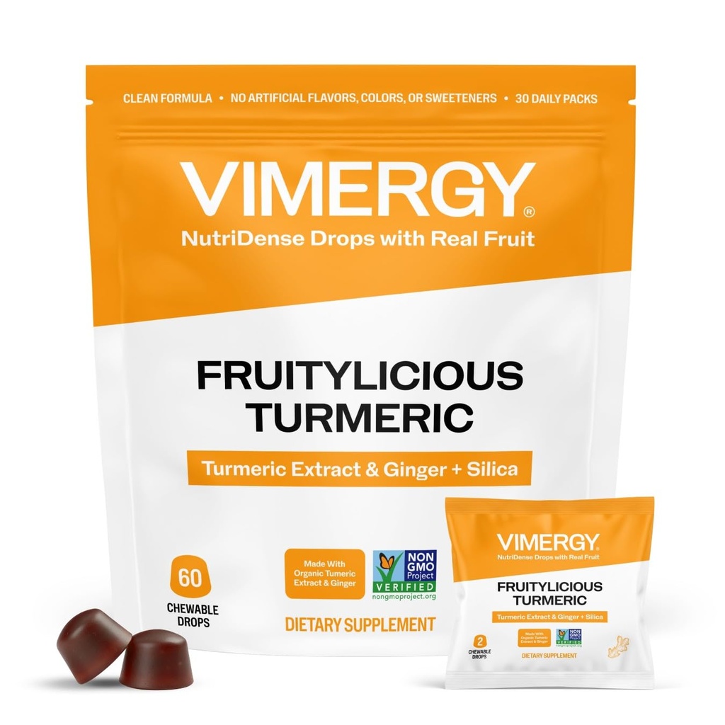 Vimergy NutriDense Fruitylicious Turmeric + Ginger Chewables (300mg Turmeric Extract, 22mg Silica, 10mg Ginger per Serving) Vegan, No Artificial Sweeteners, Mobility Support, 30 Servings (60 Count)