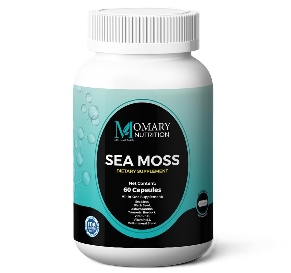 Sea Moss, Black Seed, Ashwagandha, Turmeric, Burdock, Vitamin C, Vitamin B3, Multimineral Blend, All-in-One Supplement for Men and Women, Vegan, Gluten Free, Non-GMO, 60 Capsules