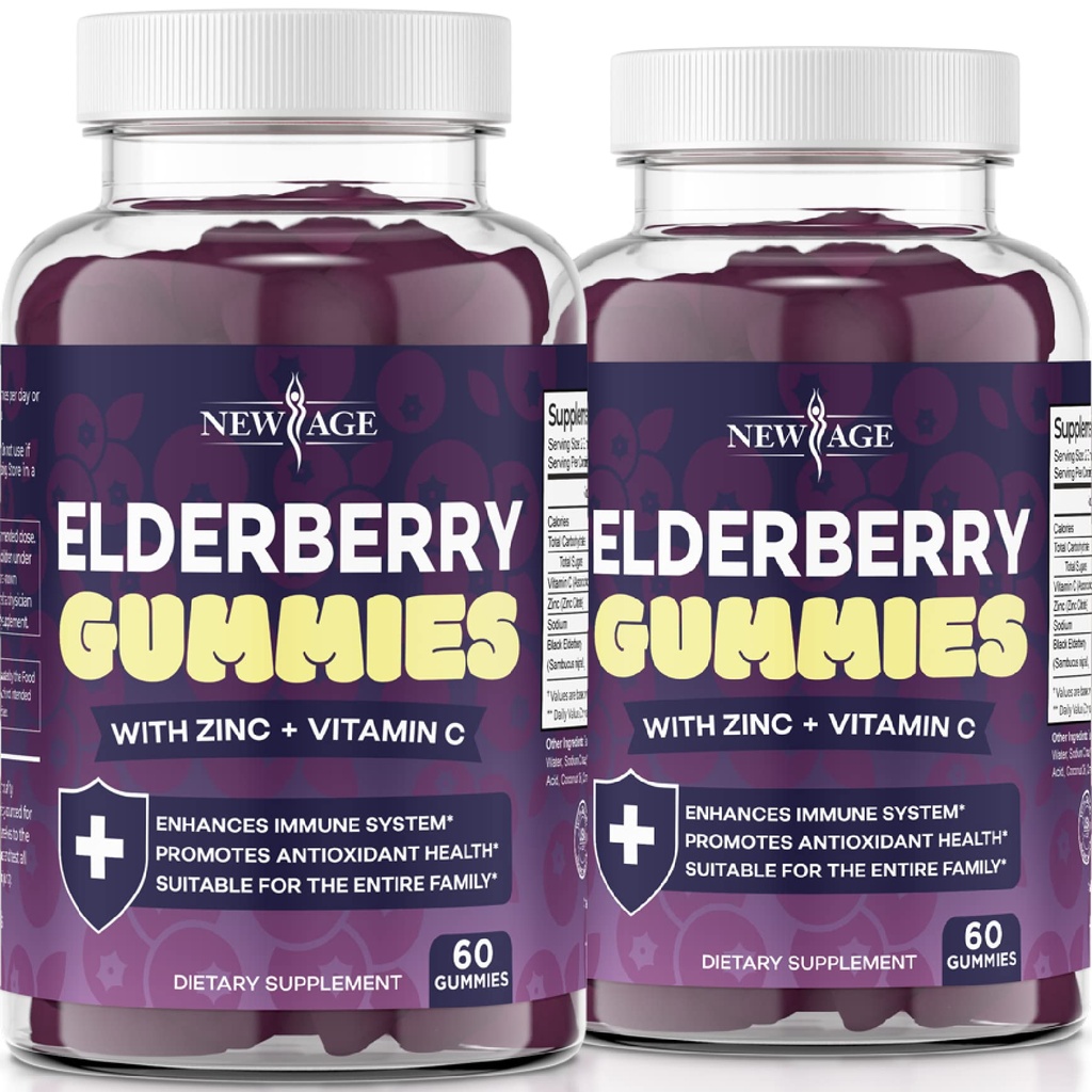 NEW AGE (2-Pack) Premium Elderberry Gummies for voksne børn med C-vitamin, zink, Propolis - Sambucus Black Elderberry Gummy Extract - Gluten Free & Vegetarian - 120 Gummies