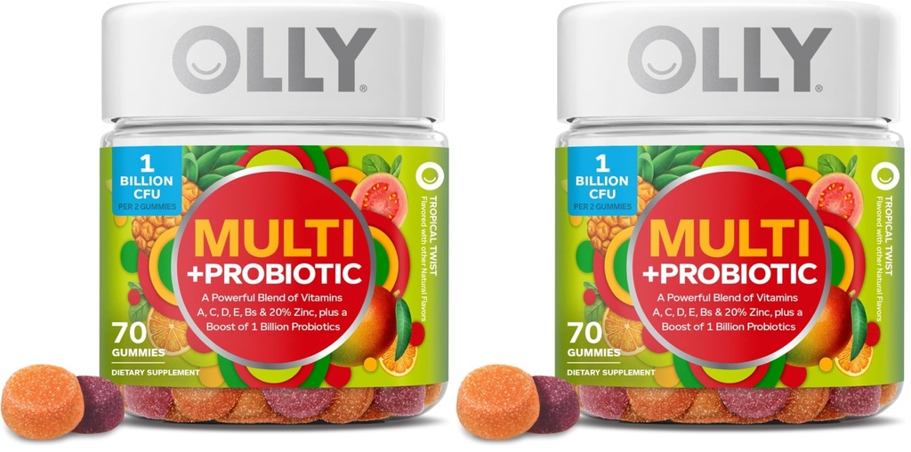 OLLY Multi + Probiotic Adult Multivitamin Gummy, 1 Billion CFUs, Digestive and Immune Support Chewable Supplement, Tropical Twist, 35 Day Supply - 70 Count (Pack of 2)
