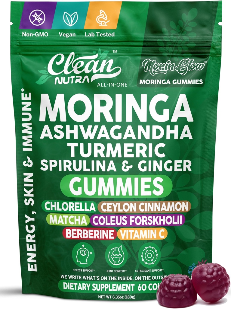 Clean Nutra Moringa Gummies | Pure Moringa Powder Supplement + Ashwagandha Turmeric Spirulina & Ginger Energy, Skin, Immune & Gut Health Green Superfood - Moringa Capsules Alternative