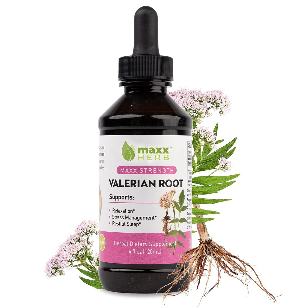Maxx Herb Valerian Root Extract - Max Strength, Flydende Valerian Root Absorbs bedre end kapsler, for afslapning og rolig søvn, Alkoholfri - 4 Oz Flaske (60 Servere)